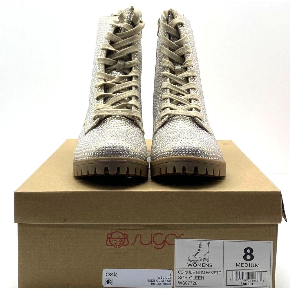 Sugar Oleen Nude Shimmer Rhinestone Combat Boots Lug Sole Size 8 NIB New in Box